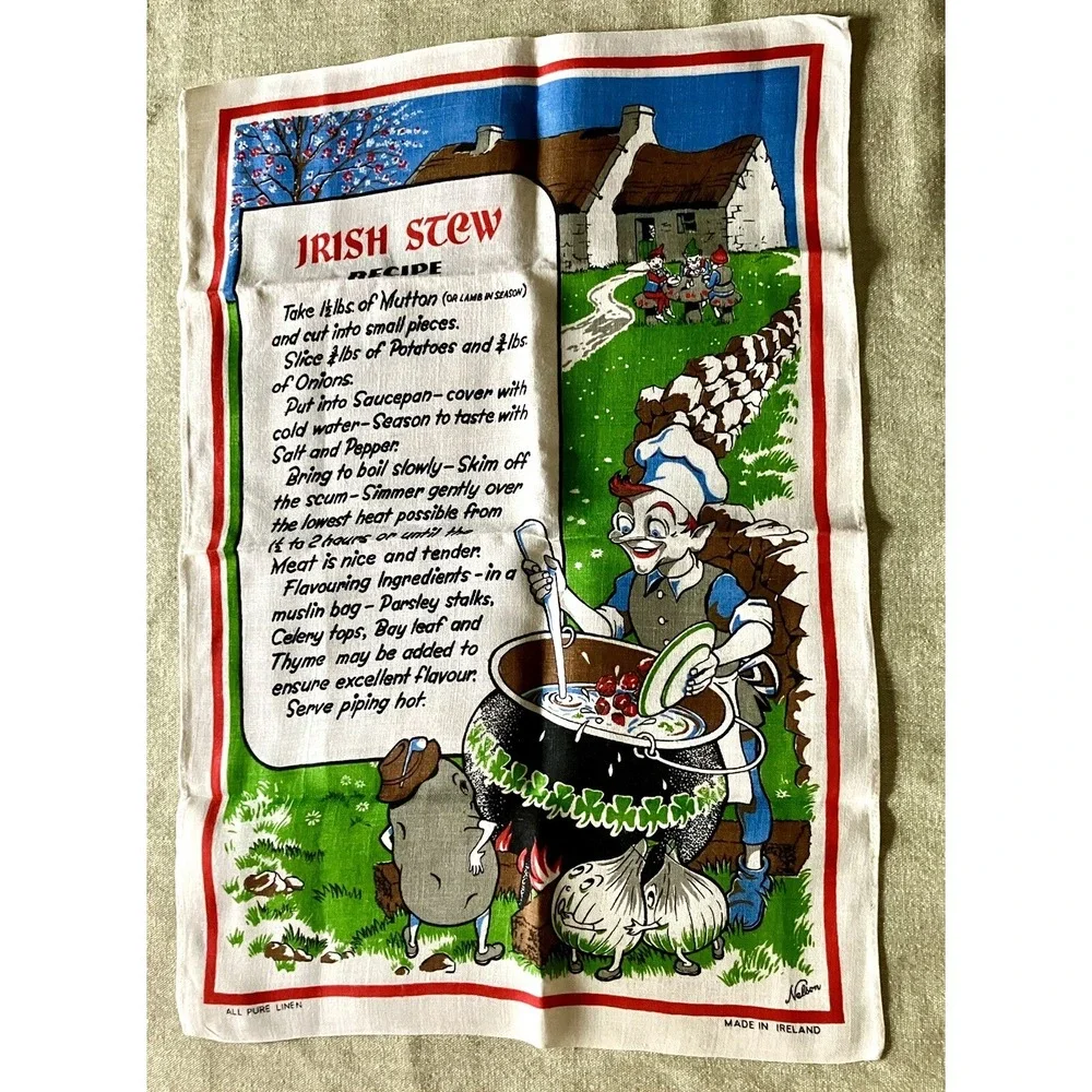 Nelson Pure Linen Tea Towel Irish Stew  Leprechaun Anthropomorphic Potato Onion